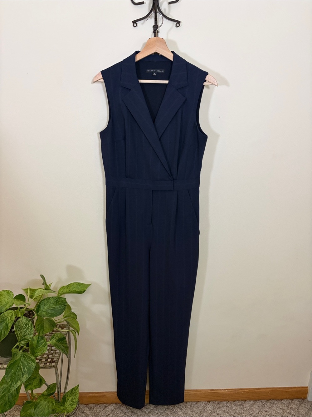 ANTONIO MELANI Navy Sleeveless Tailored Pinstriped Jumpsuit
